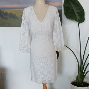 Laundry By Shelli Segal Boho White Lace Bell Sleeve Dress